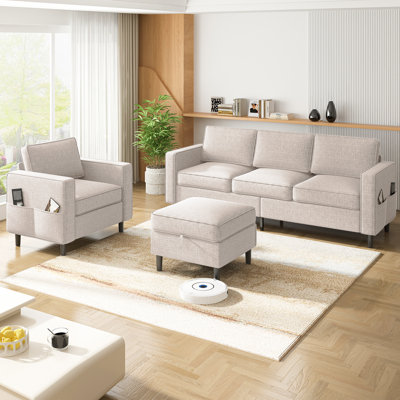 Ensemble de salon en lin 3 pièces avec repose-pieds, beige