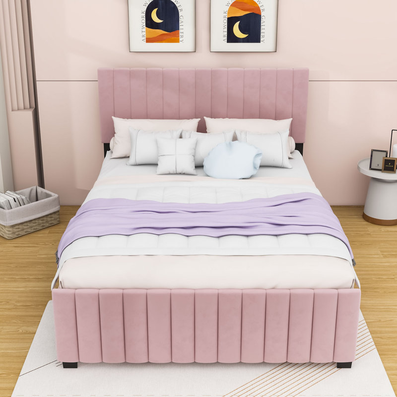 Lit plateforme tapissier luxueux avec tête de lit et lit gigogne, Pink