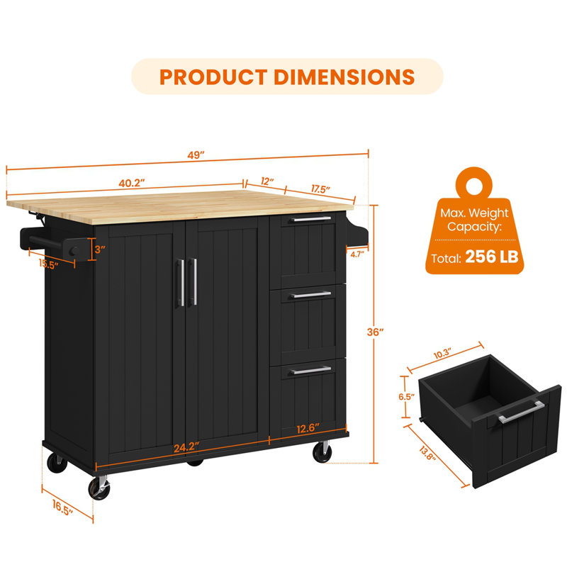 49'' Wide Rolling Kitchen Cart with Solid Wood Top, Black/Wood