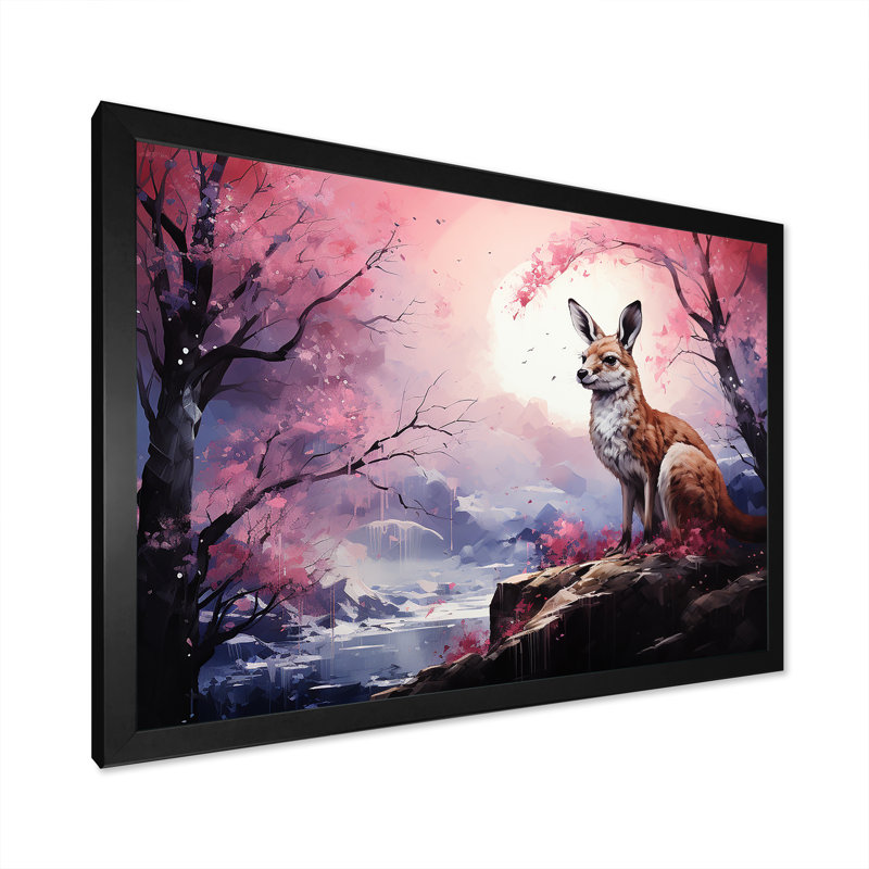 Paysage de kangourou au clair de lune sur toile, Cadre simple noir, H 34 po x l 44 po x P 1,5 po