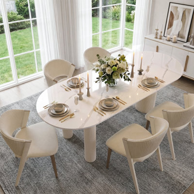 79" Cream Oval Dining Table with Glossy Sintered Stone Top and Fluted Wood Base