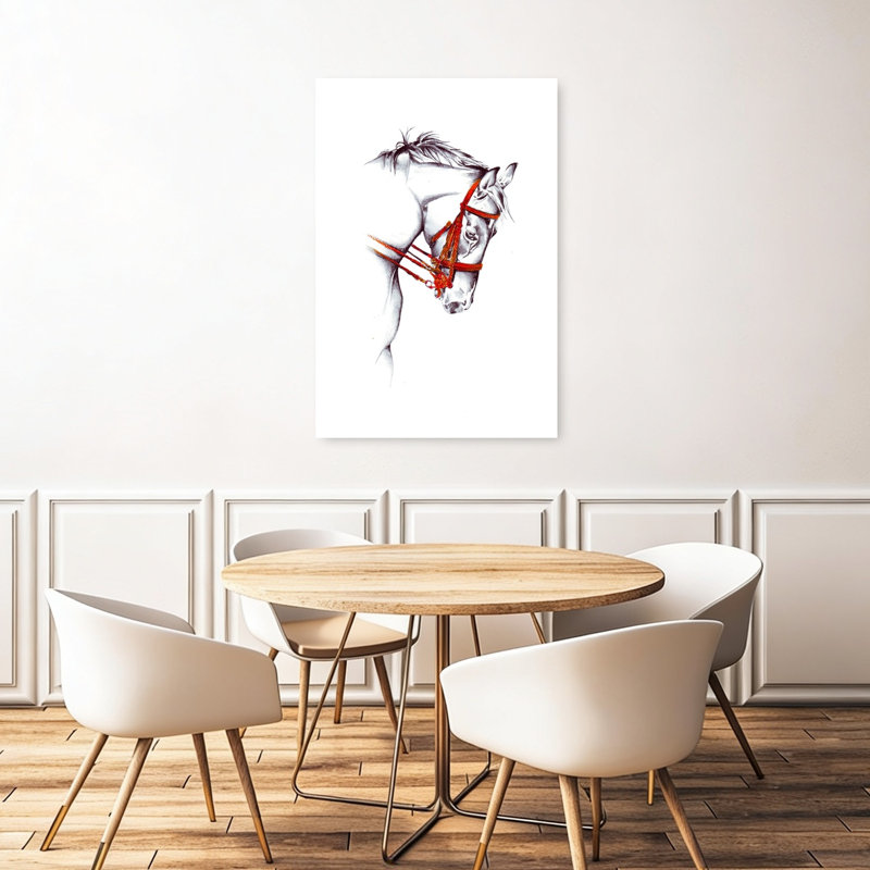 Croquis d'un cheval à bride rouge, portrait de cheval élégant et serein, style contemporain, impression d'art mural