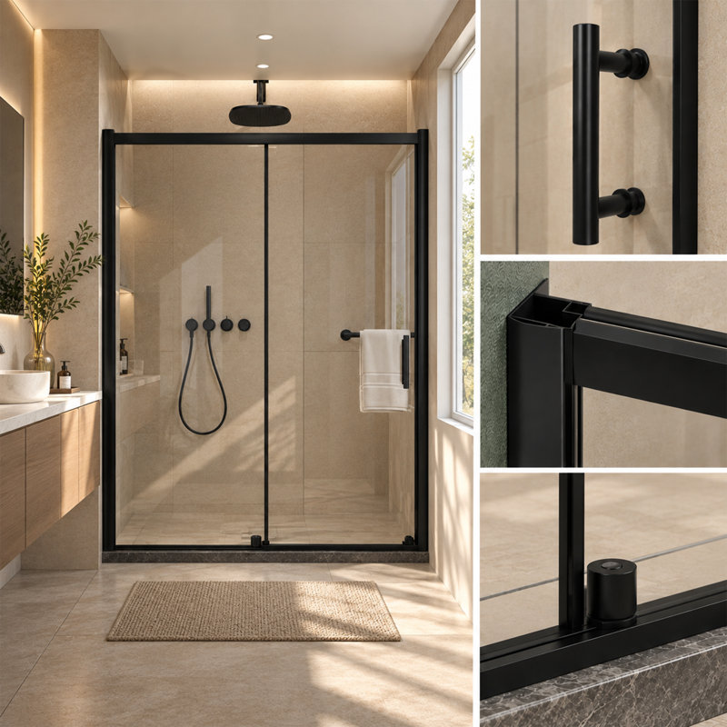 Porte de douche coulissante simple, 152 cm (L) x 183 cm (H), verre trempé transparent de 5 mm, noir mat