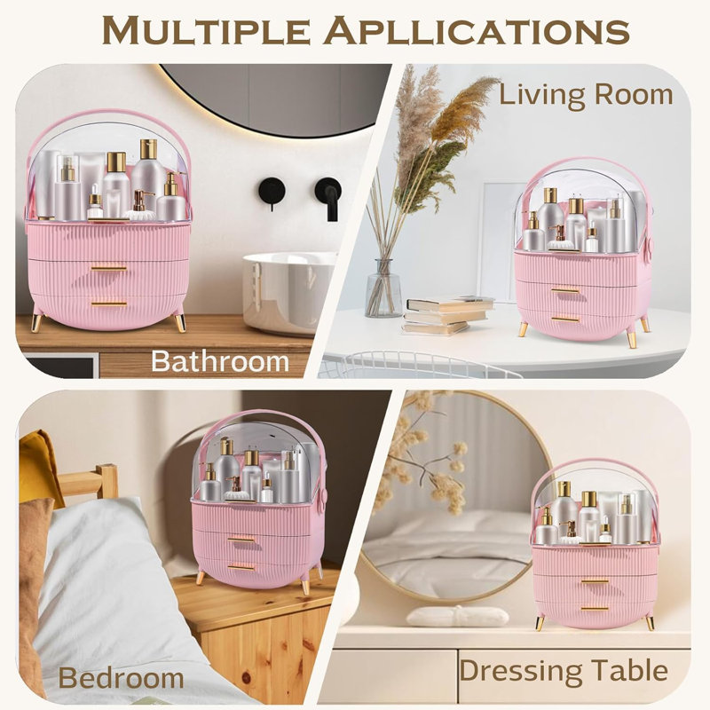 Pink ABS Makeup Organizer with Lid and Drawers