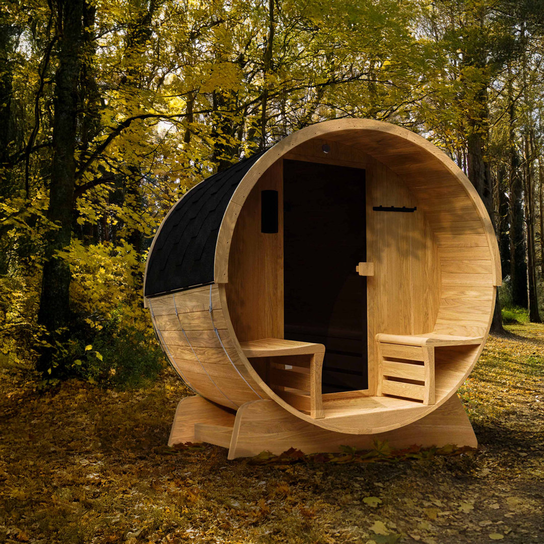 Outdoor Rustic Cedar Barrel Steam Sauna - Front Porch Canopy - UL Certified - 5-6 Person ALEKO