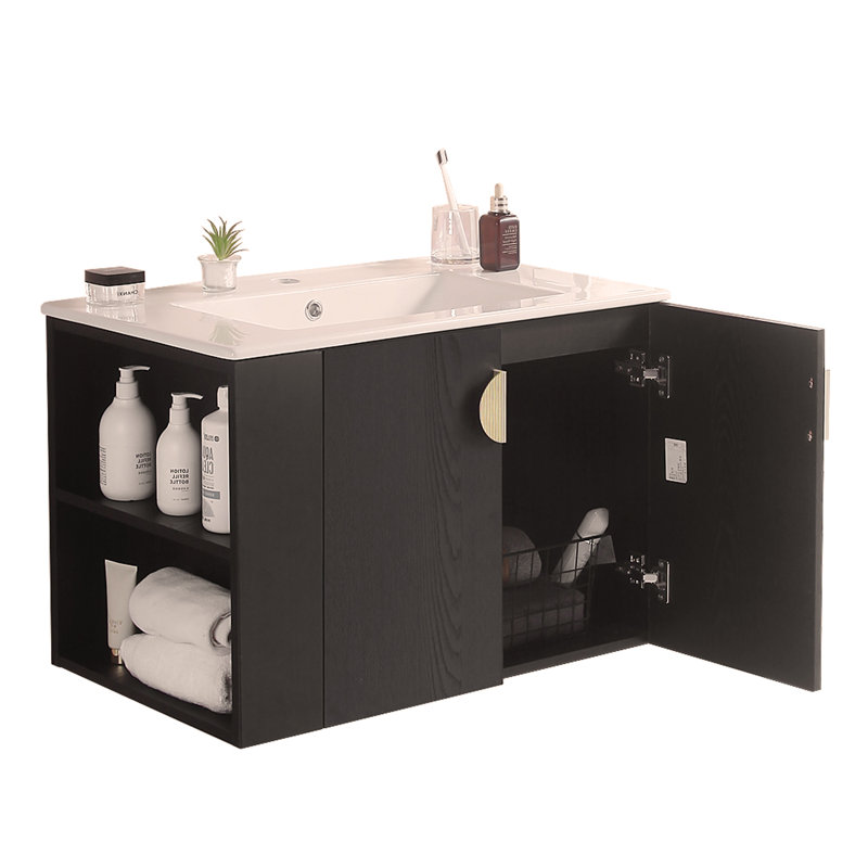 30" Bathroom Vanity with Sink,with two Doors Cabinet  Bathroom Vanity Set with Side left Open Storage Shelf,Solid Wood,Excluding faucets,Black