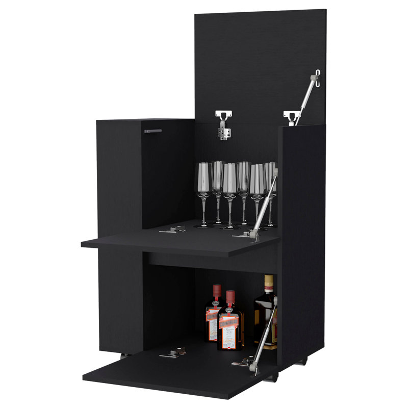 Chariot-bar noir polyvalent pour recevoir avec forme et roues rectangulaires élégantes pour la cuisine