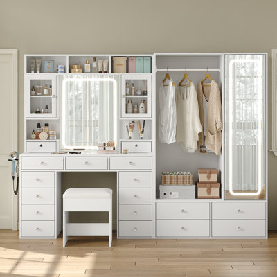 Large Vanity Desk With LED Mirror And Wardrobe Storage, Full-Length Mirror, Charging Station, Drawers