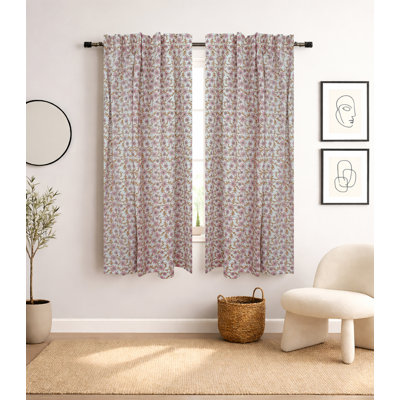 White Pink Floral Handmade Block Printed Colored Linen Unlined Flat Panel Curtain for Living Room and Bedroom, Boho Farmhouse Linen Drapes & Curtains