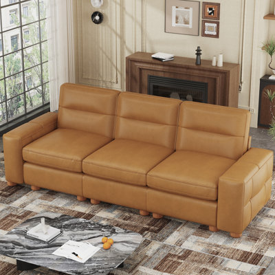 Canapé moderne surdimensionné en cuir véritable de 107 po à 3 places avec pieds solides et accoudoirs carrés amovibles