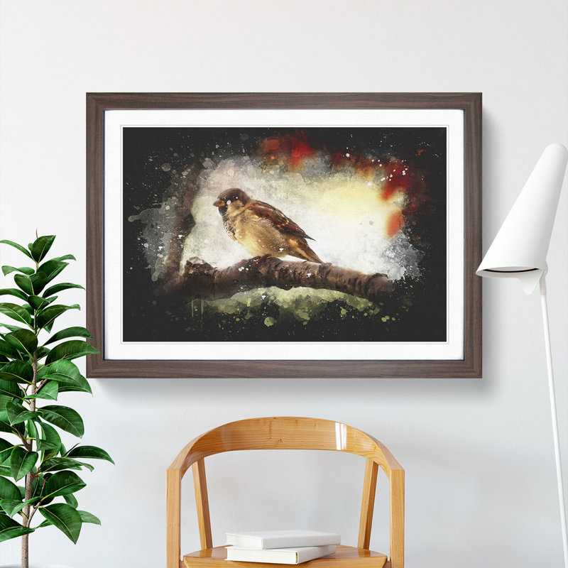 Sparrow Bird Vol.1 - Single Picture Frame Print on Wood, Walnut Framed, 27cm H x 36cm W x 2cm D
