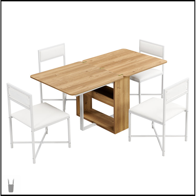 Ensemble de table de salle à manger extensible moderne compacte 63 pouces avec rangement, 4 chaises en cuir PU pour les petits espaces