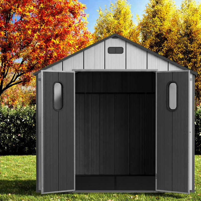 Abri de jardin spacieux de 2,4 x 2,4 m en résine avec rangement, structure en acier, style moderne., 92.52*92.86*94.72