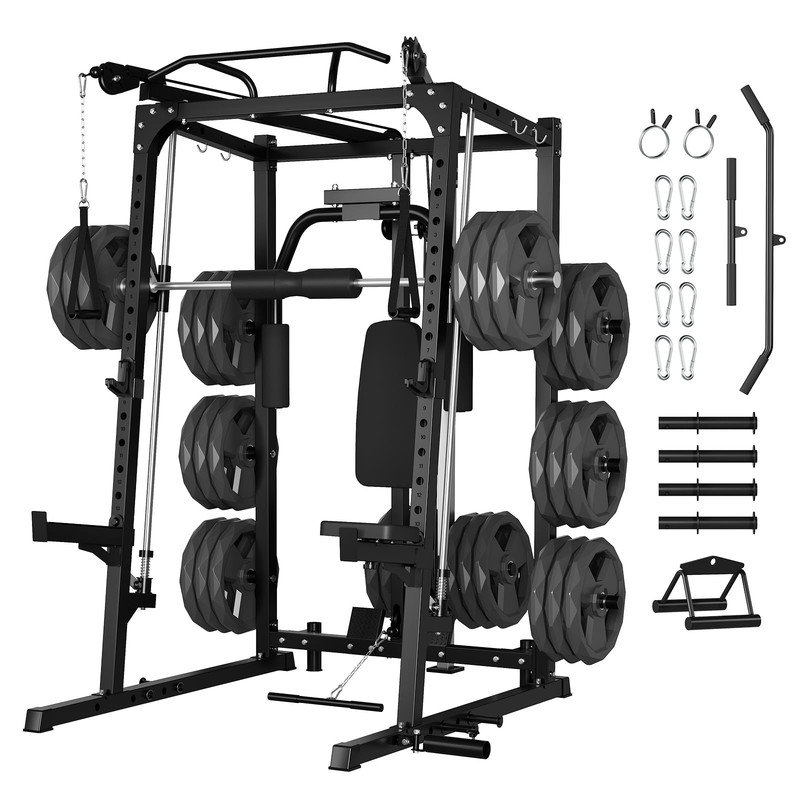 2000LB Multi-Function Smith Machine Home Gym with Cable Crossover & LAT Pulldown