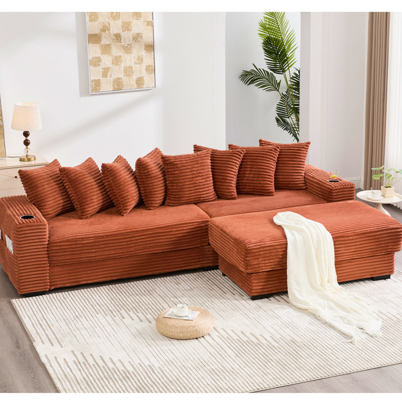 New Orange 107.98" Corduroy Modular With Movable Footstool, Two Handrails Cup Holders, To Bed Modern L Shaped , 4 Seats, Comfortable Seating, A Spacious