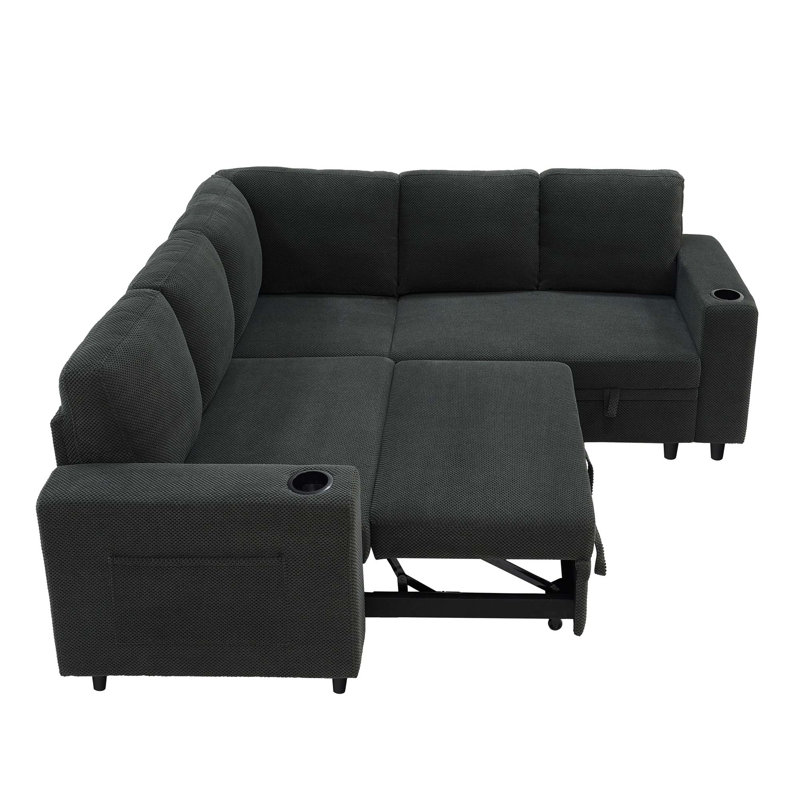 Canapé-lit modulaire rembourré en L avec canapé-lit et rangement caché, Tissu gris foncé