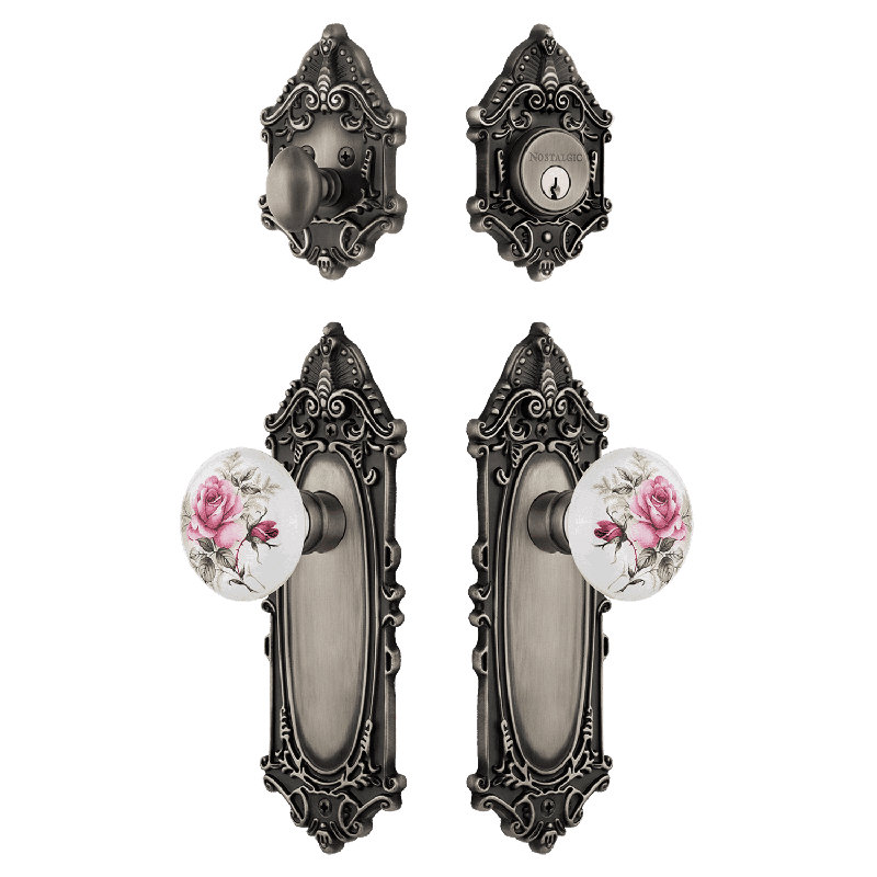 Nostalgic Warehouse Victorian Entry Set with White Rose Porcelain Knob, Antique Pewter, 2.75
