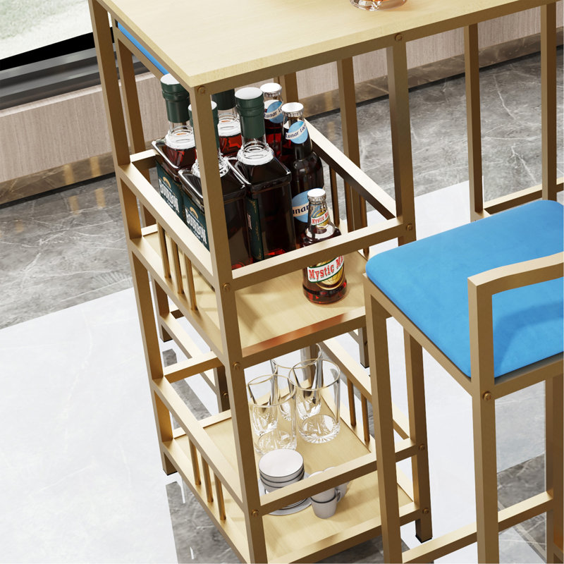 Ensemble de table de bar et chaise cinq pièces, structure dorée, plateau de table multicouche, coussin de chaise et dossier en éponge, table avec fonction de rangement (or + beige + bleu)