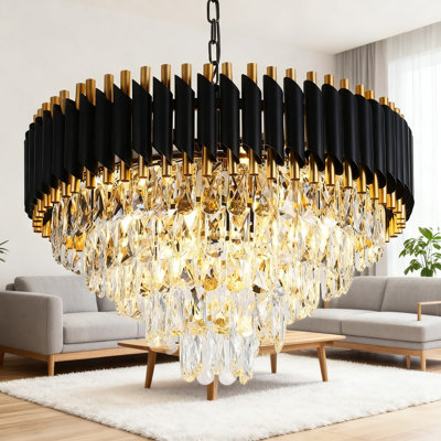 Modern 5-Tier Crystal Chandelier With K9 Crystals And Gold Black Metal Frame, 12-Light Hanging Pendant Fixture For Dining Room Living Room Bedroom Foyer