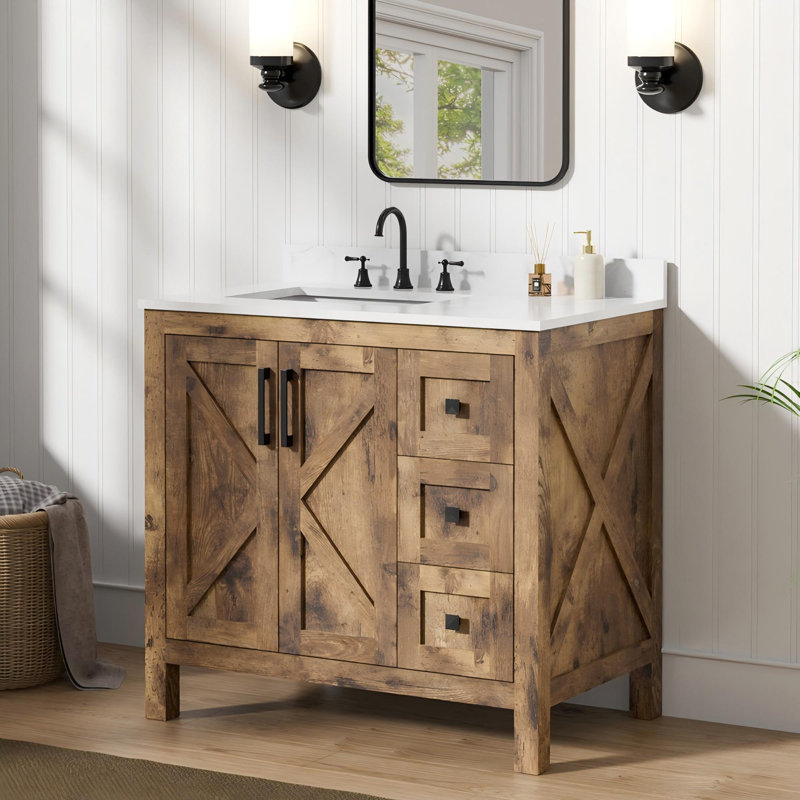 Meuble-lavabo simple brun rustique entièrement assemblé de 36 po avec plateau en marbre d'ingénierie Linsay, portes à fermeture en douceur