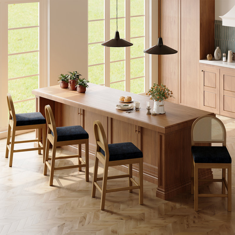 Wooden Bar Stools Set Of 4 With Natural Rattan Back, Black/Velvet