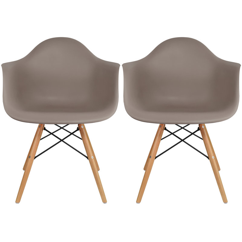 Set of 2 Mid Century Modern Dining Arm Chair with Wooden Dowel Legs, Taupe/Natural