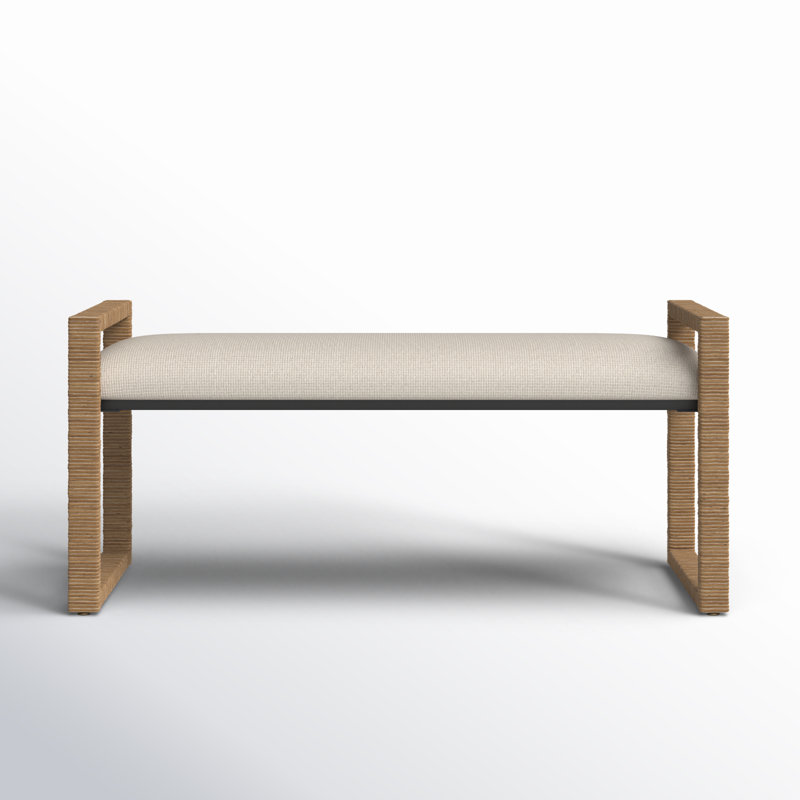 Oatmeal Upholstered Metal Sled Leg Bench with Rattan Frame