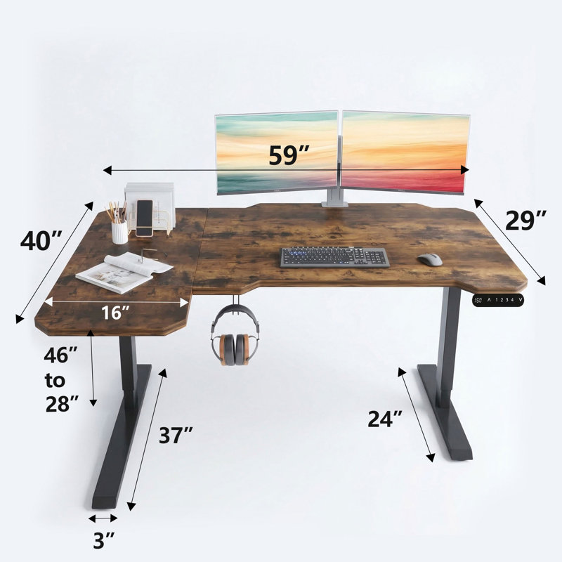 Wrought Studio Oneita 59" x 40" L-Shaped Electric Standing Desk with Memory Controller, DESK-QWA-4E2B-22 Series, Brown/Black