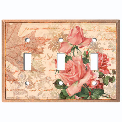 Metal Light Switch Plate Outlet Cover (Pink Flower Rose Leaves Damask Light Brown - Single Toggle)
