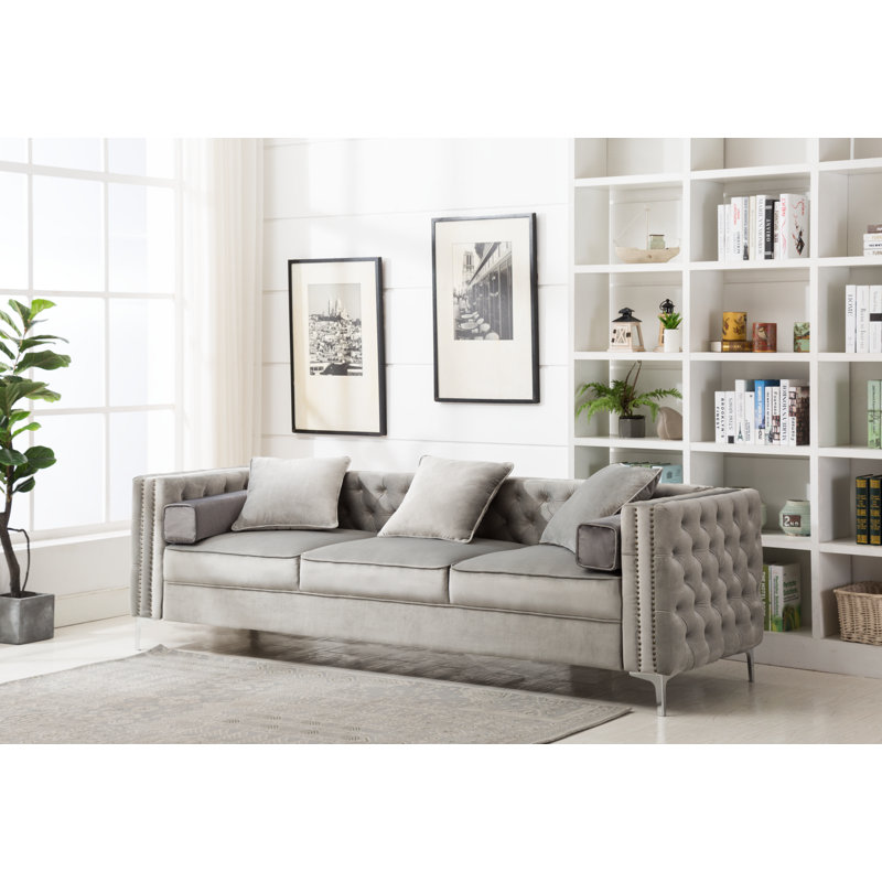 Zaida 104" Velvet Square Arm Chesterfield Upholstered Sofa, Gray Velvet