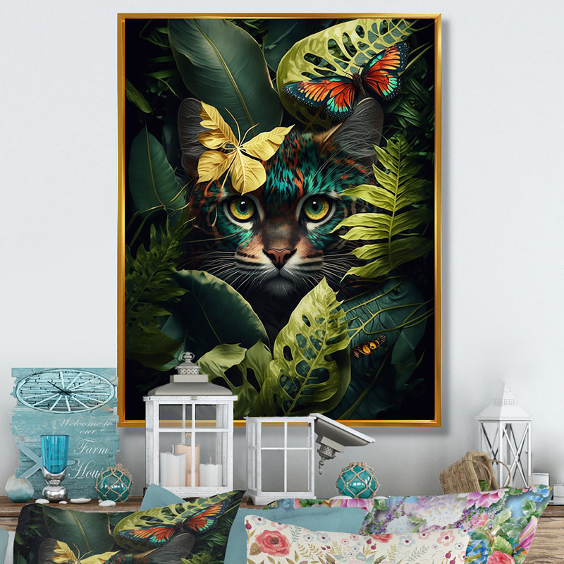 Joli chat avec papillon dans les buissons de la jungle III - animaux, art mural sur toile, L 24 po x H 32 po