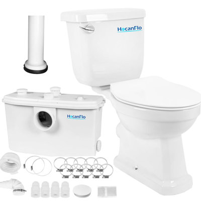 750W Macerating Toilet with Pump, Two-Piece Upflush Toilet For Basement, Powerful & Quiet Macerating System With 3 Water Inlet & Ac Vent, 36ft Vertically, Elongated Bowl