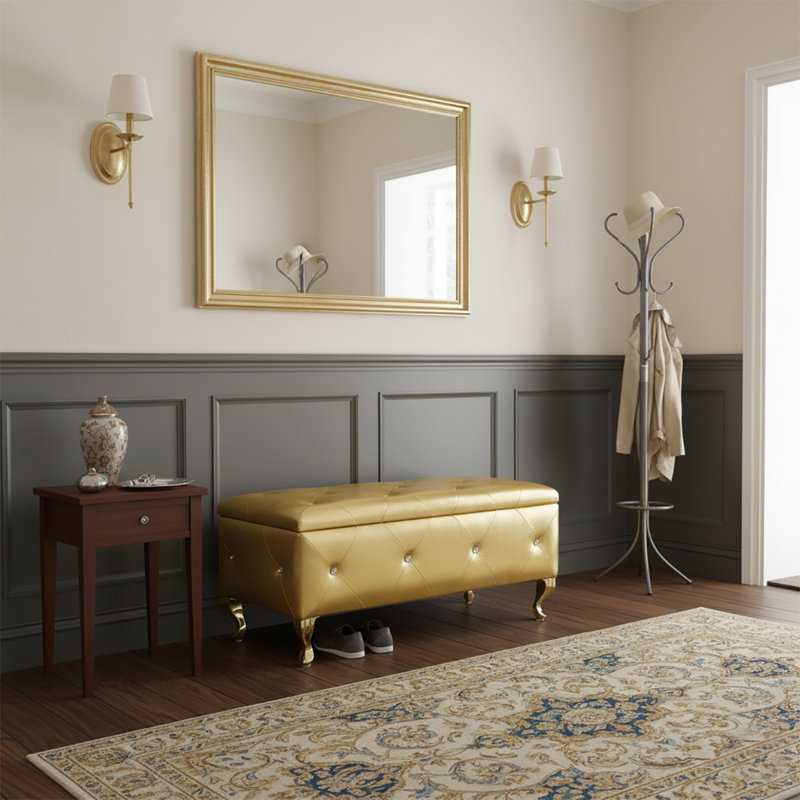 Banc de rangement rembourré élégant avec pieds en métal, Doré