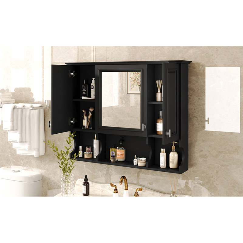 Armoire à pharmacie murale 35 po x 28 po avec miroir de rangement en verre et trois tablettes réglables, Noir