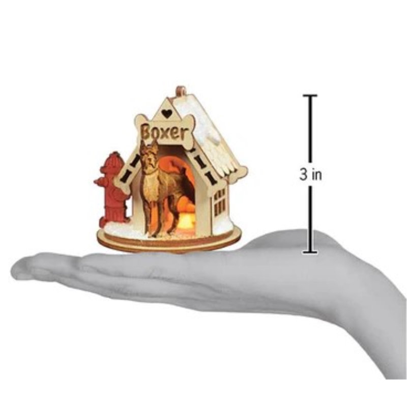 Boxer Doghouse Wooden Christmas Ornament with Light