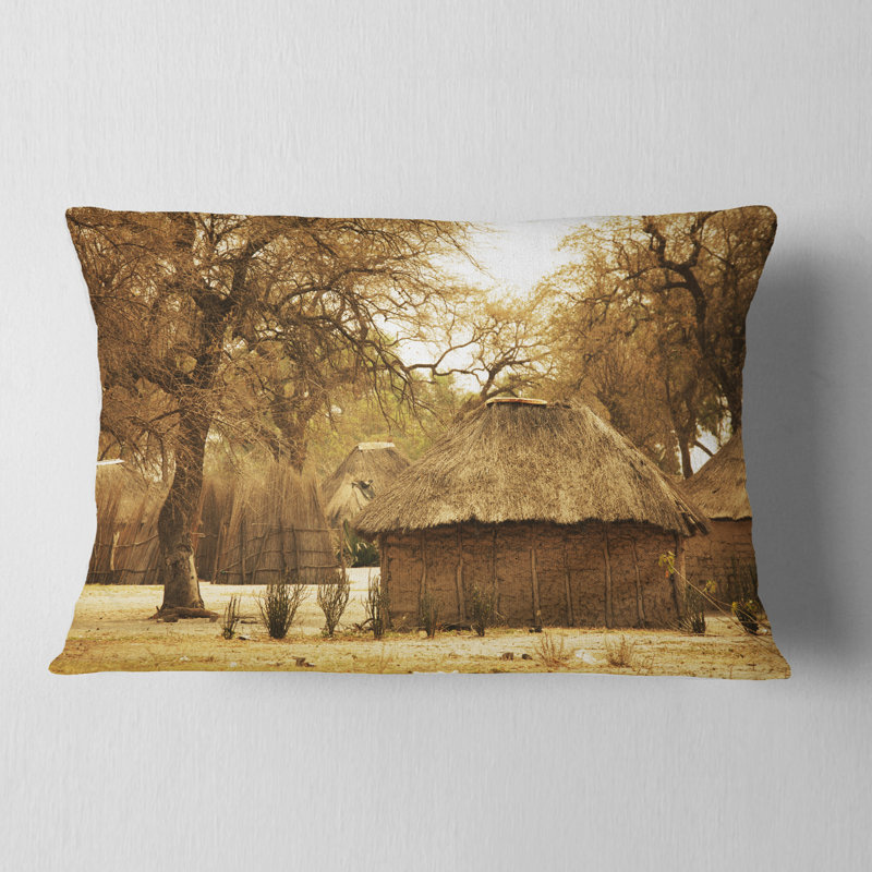 Landscape Printed Beautiful Rural African Huts Lumbar Pillow
