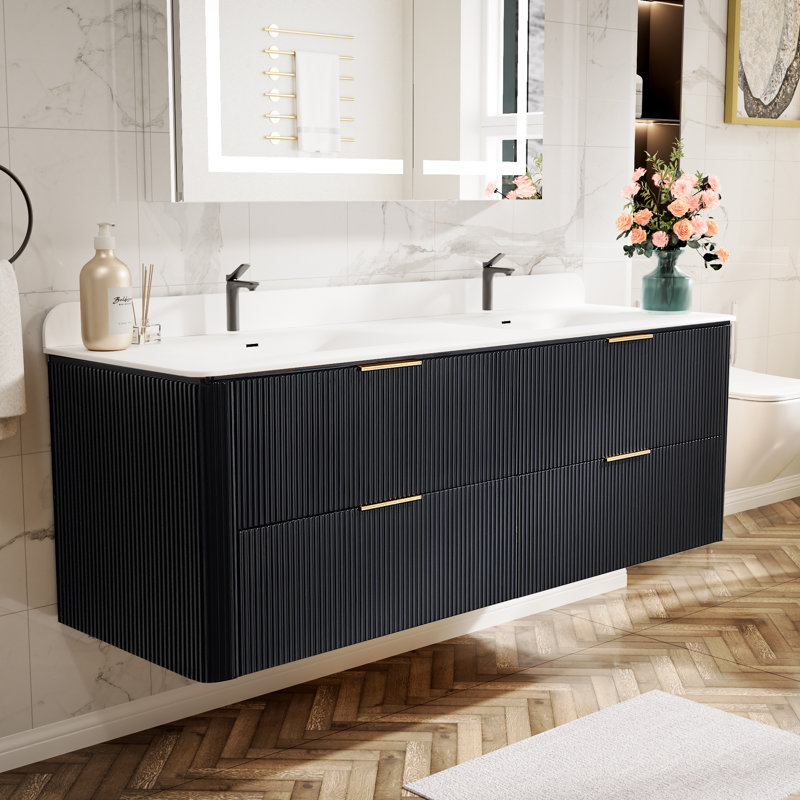 Meuble-lavabo mural de 60 po en noir avec armoire en bois massif et comptoir une pièce en acrylique, Noir, Doré, 60"