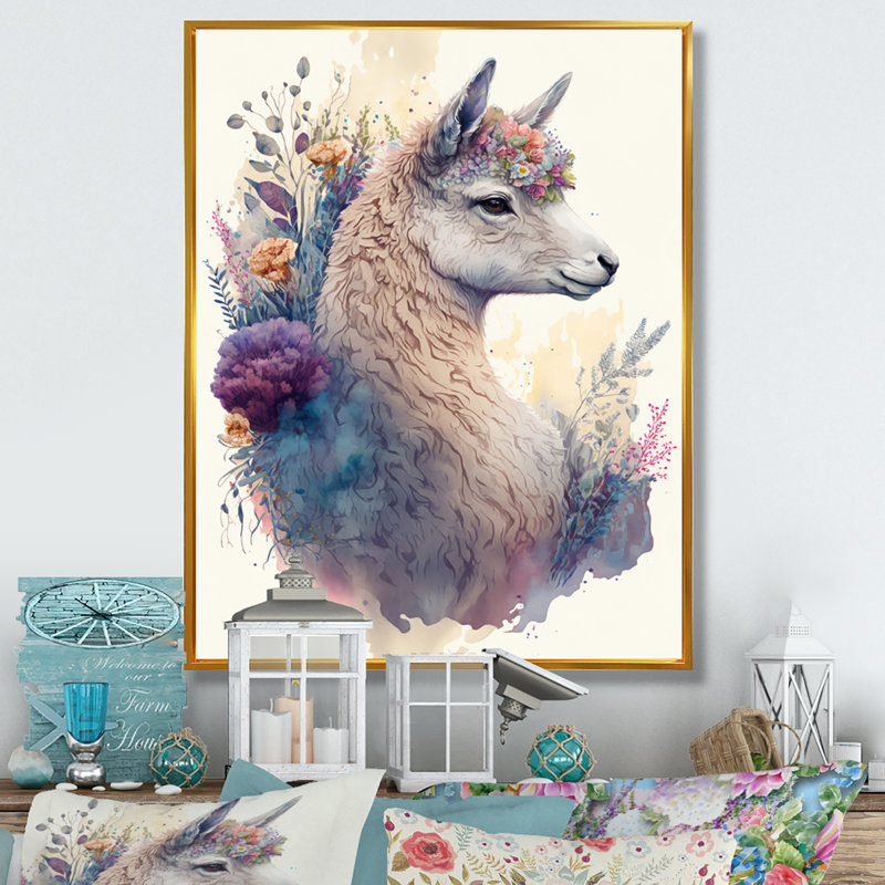 «Cute Llama Floral III», impression sur toile, H 20 po x l 12 po x P 1 po, Cadre flottant doré