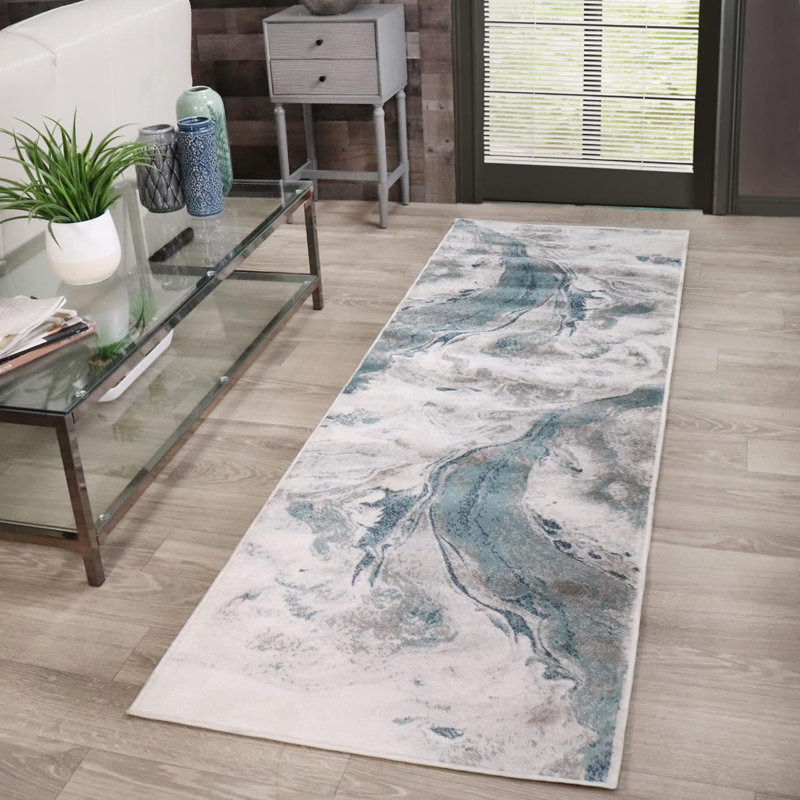 Abstract Machine Woven Marble Mocha Swirl Polypropylene Area Rug in Beige, Runner 2'7" x 12', Beige