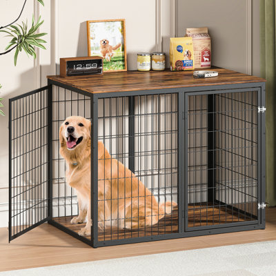 Meuble pour chien de 47 po, brun rustique, 3 portes, bois et métal de haute qualité, idéal pour les chiens de taille moyenne, idéal pour les chiens de grande taille, visible pour le bien-être de votre chien