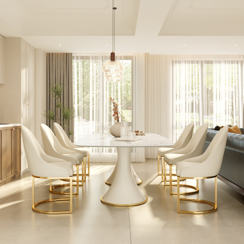 Table de salle à manger moderne 86,6 "/ 93,7" en pierre frittée avec base en bois massif blanc et doré pour 6 à 10 personnes
