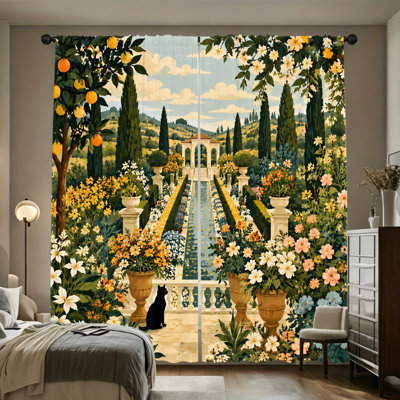 2PCS Italian Style Orange Tree Black Cat Villa Garden Light Filtering Curtains, Vintage Easy Hang Rod Pocket Window Drapes for Living Room and Bedroom