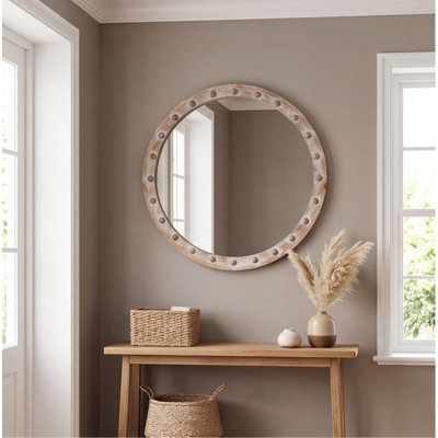 Vintage Rustic Round Wall Mirror – 23.6-Inch Distressed Wood Frame with Rivet Accents, Decorative Hanging Mirror for Bathroom, Bedroom, Entryway