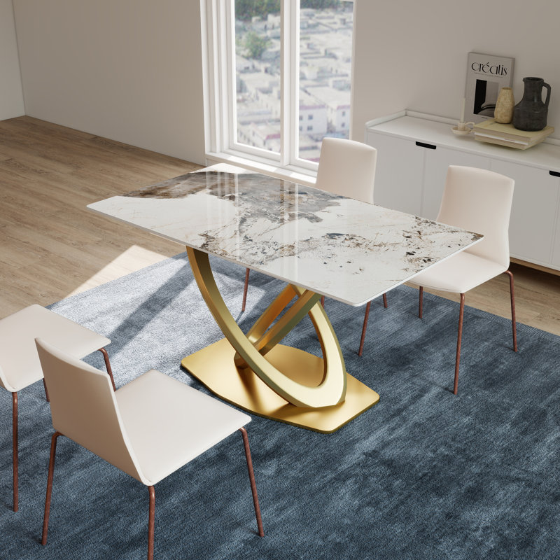 Modern Rectangular Sintered Stone Dining Table with Pedestal Base, Pandora, 29.53” H x 55.12” L x 31.49” W
