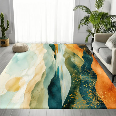 Tapis bleu sarcelle à motif d'aquarelle et de vagues abstraites, motif artistique fluide fluide, tapis de sol antidérapant doux et durable lavable à la machine, décoration intérieure artistique élégante pour salon, chambre à coucher, entrée, cuisine, balcon, appartement