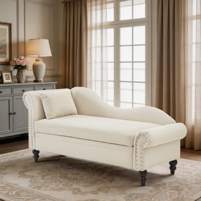 Méridienne moderne en velours - Canapé de rangement avec accoudoir gauche, coussin lombaire et garniture cloutée argentée pour la chambre à coucher, le salon ou le bureau