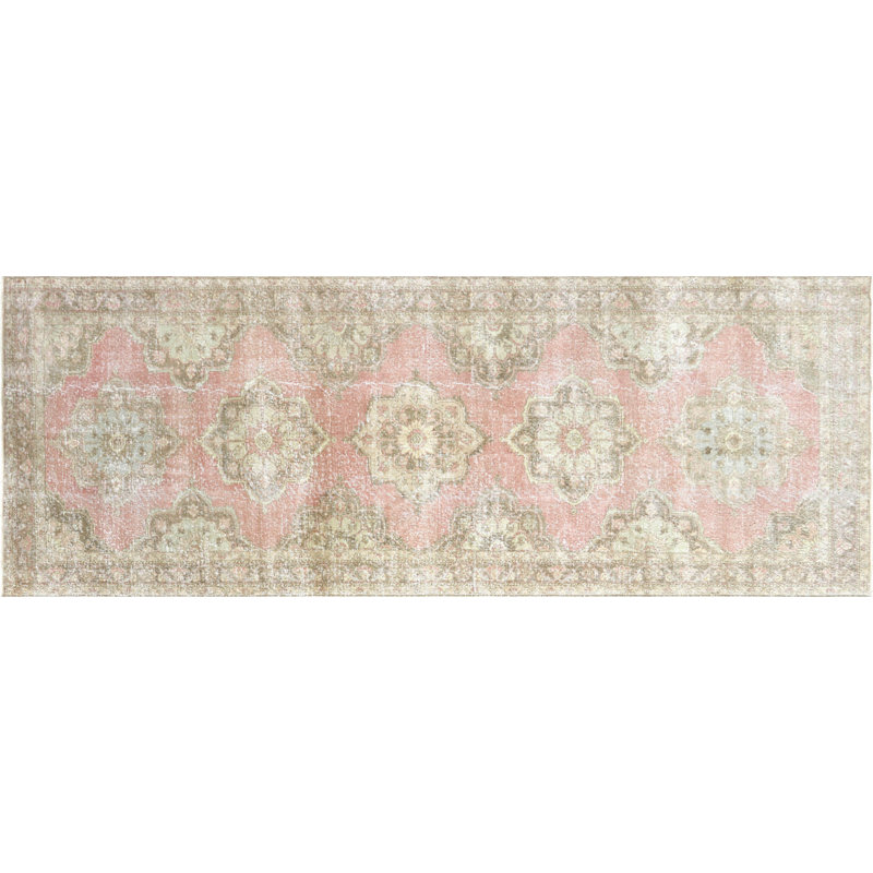 Tapis de couloir unique en laine noué à la main de style années 1960 de 4 pi 8 po x 13 pi en rouge / gris