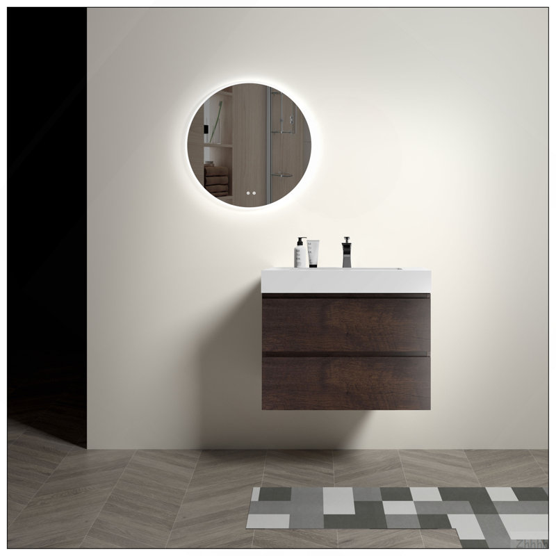 Meuble-lavabo mural en noyer de 30 po avec lavabo, grande vasque murale flottante pour salle de bain moderne Alice