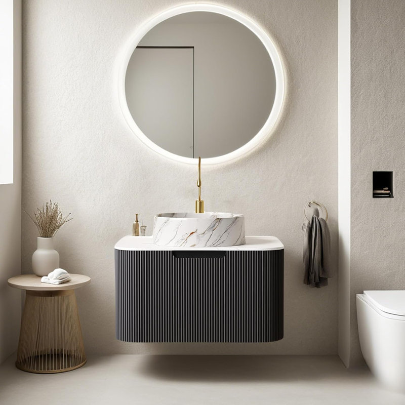 Floating Bathroom Vanity with Sink,Ceramic Basin and Marble Countertop, No Assembly Required, Black, 24"