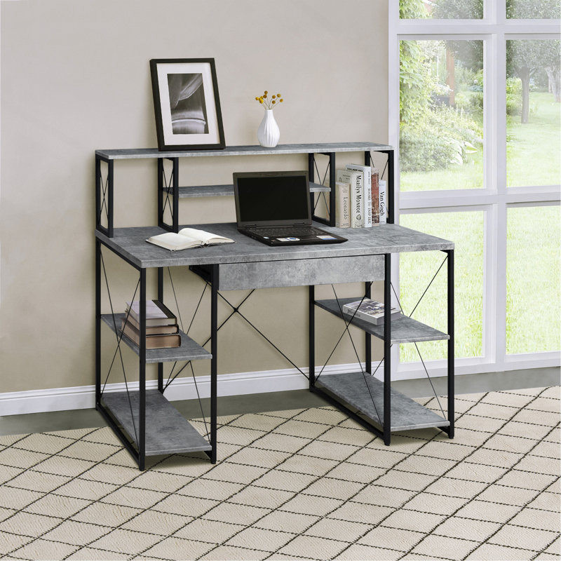 Bureau gris et noir avec tablettes ouvertes et huche, Gris/noir